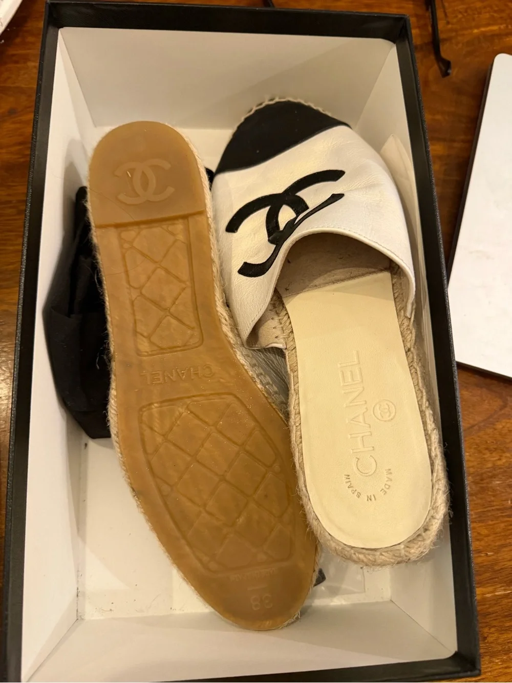 Chanel CC Lambskin Espadrille Mule Slides Ivory/Black